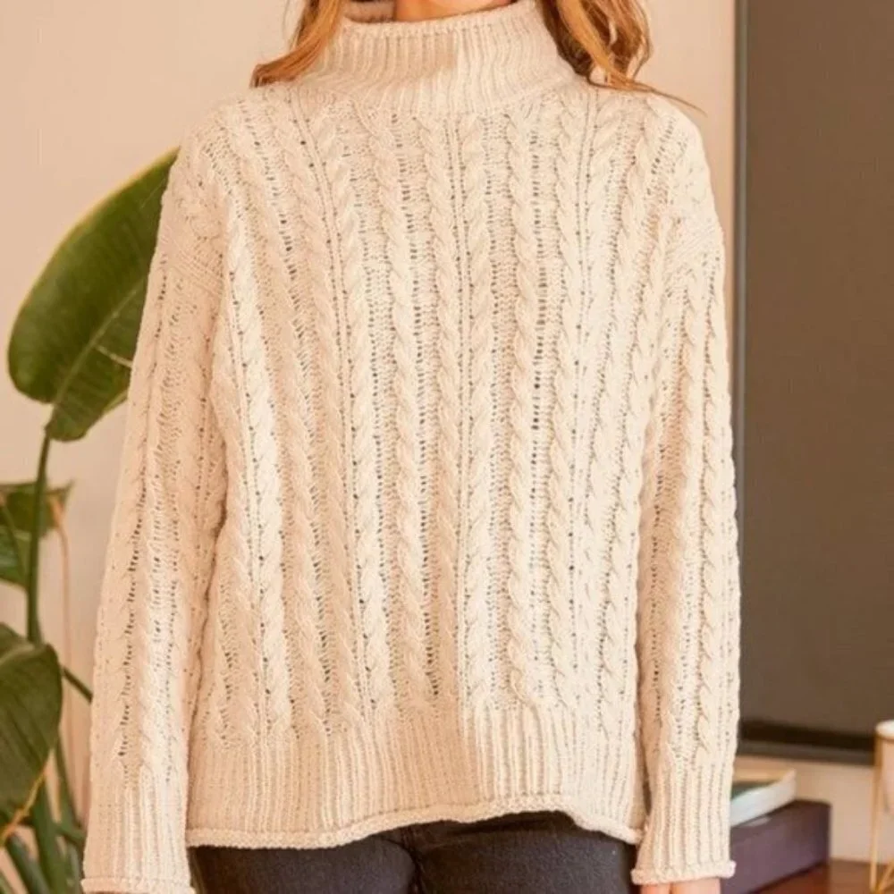 NWT Lulu's Beige Cable Knit Oversized Chunky Turtleneck Sweater Size XS - Picture 2 of 11